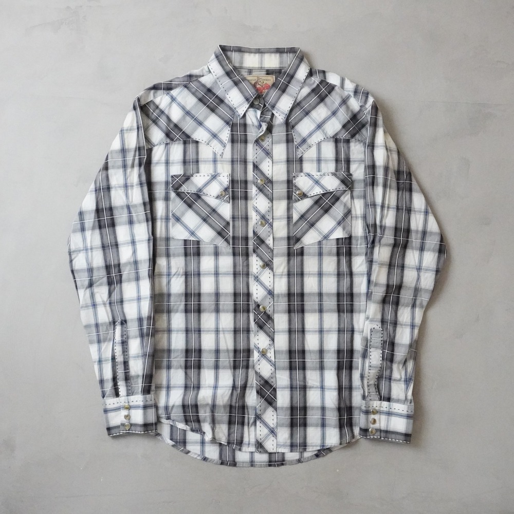 Vintage Wrangler Western Pearl Snap Shirt Medium Mens Grey Plaid Cowboy Yoke